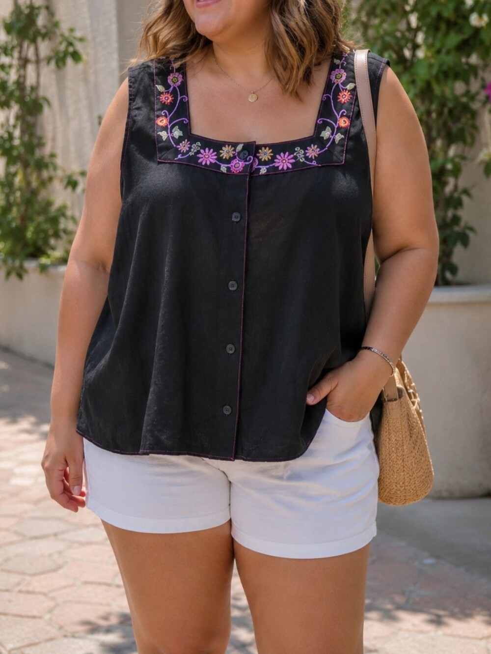 Anne Carson Black Linen Embroidered Floral Sleeveless Tunic Top Pink Purple